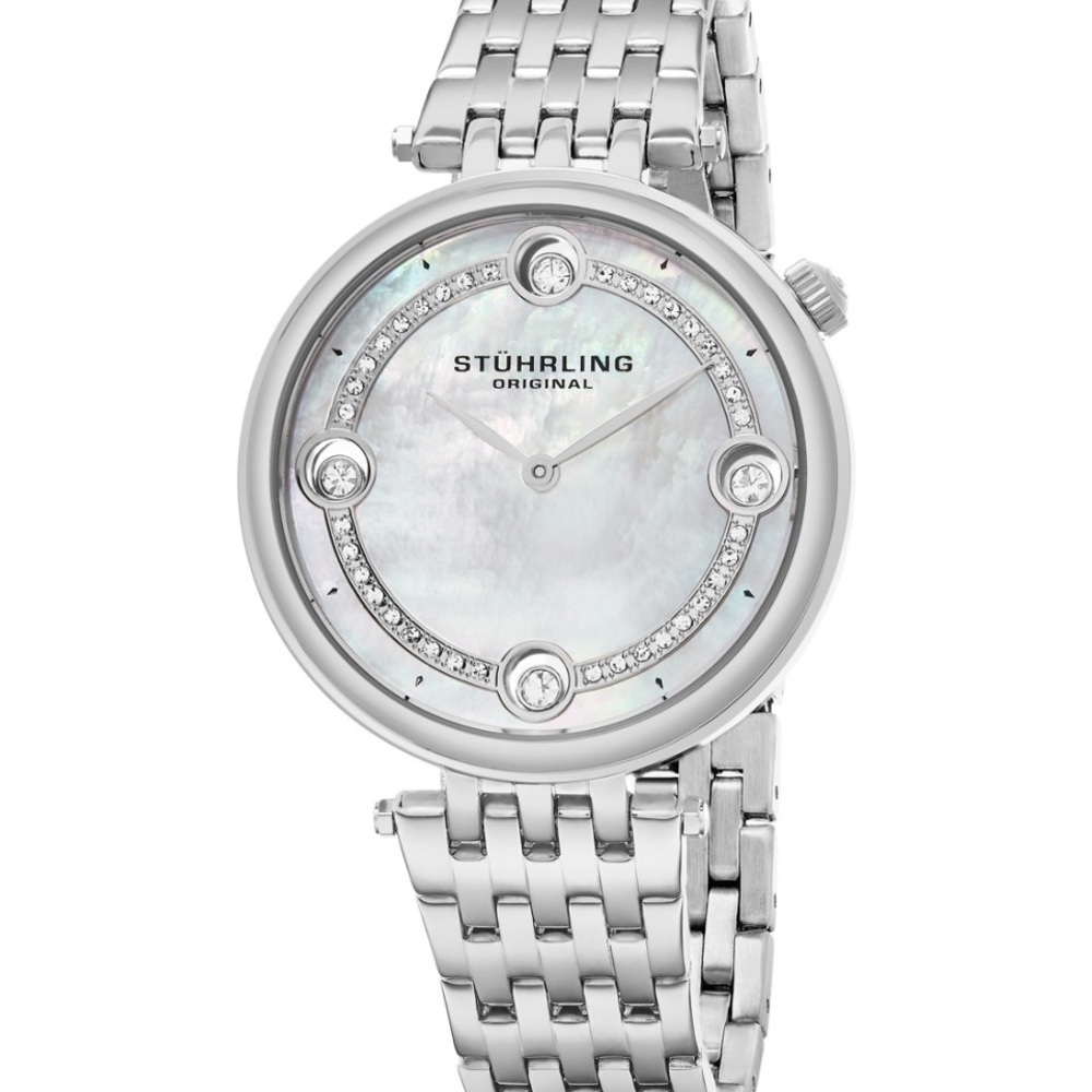 🍃💕NIB Stuhrling Original Stainless Steel Mother of Pearl & Crystal Watch